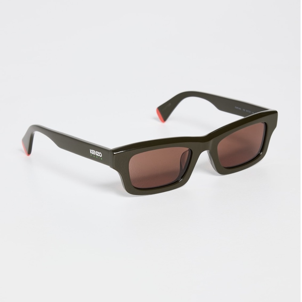 Kenzo AKA Narrow Rectangular Sunglasses in Shiny Dark Green/Brown